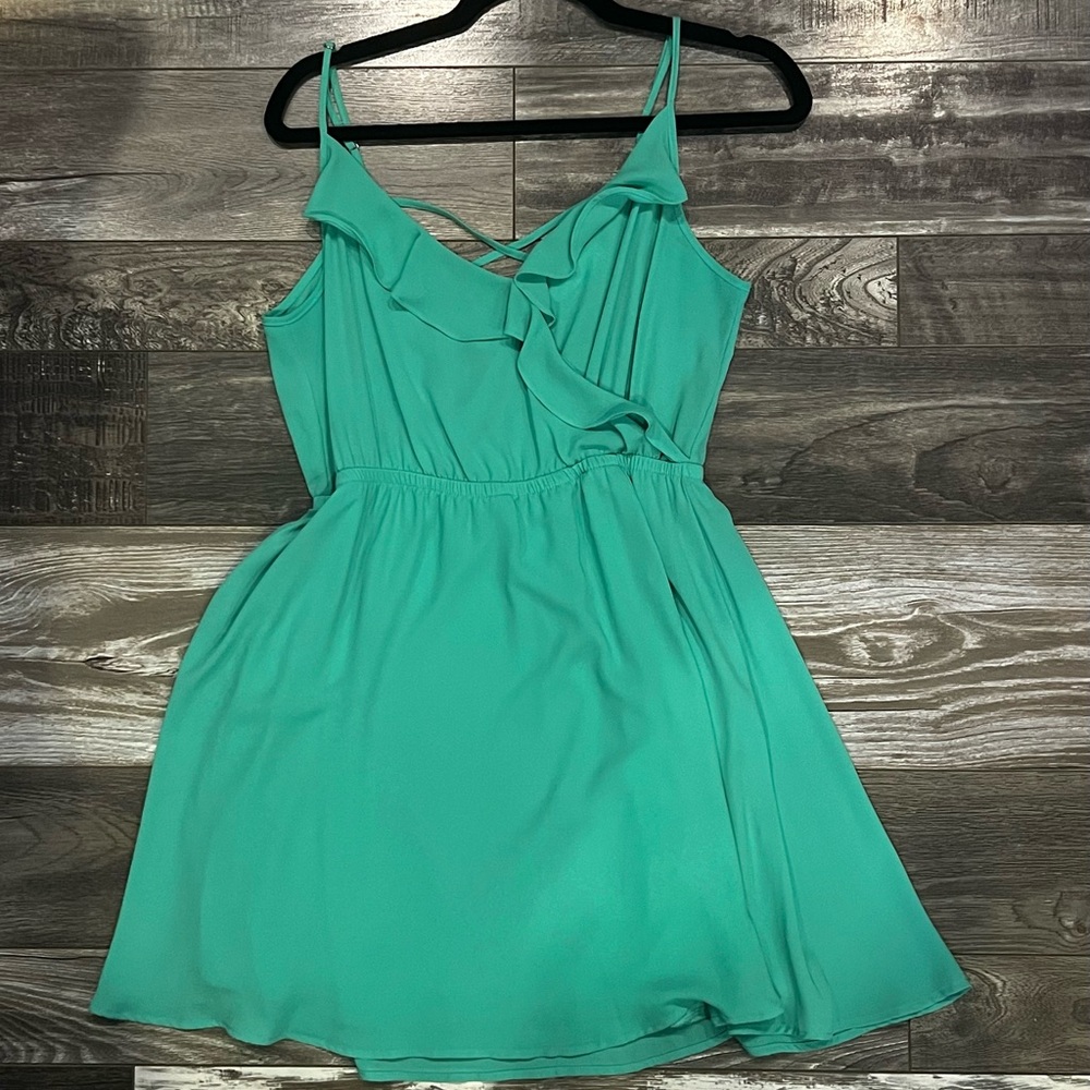 Lush Teal Ruffle-Front Spaghetti Strap Mini Dress
